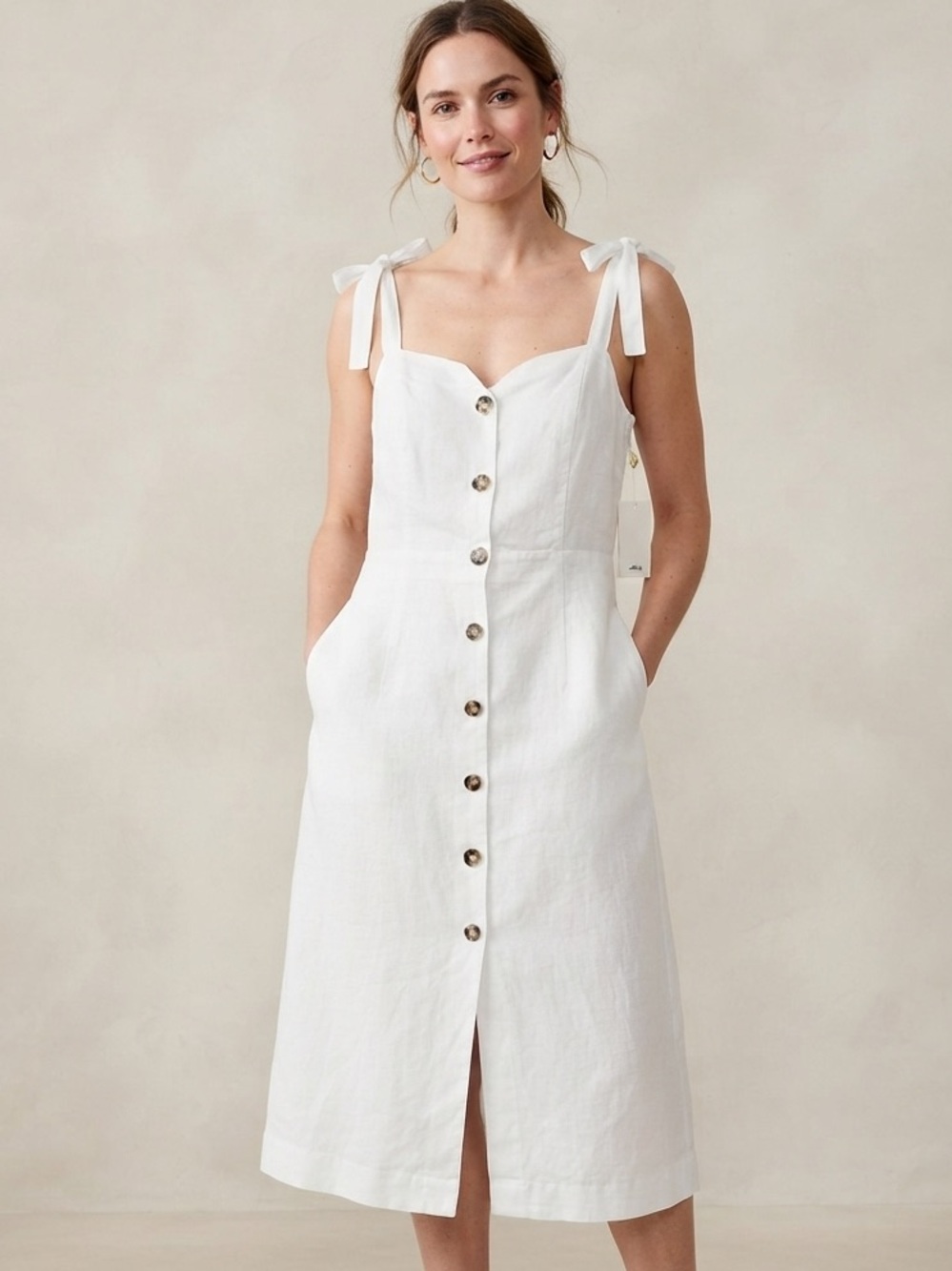 NWT Wilfred Linen Crisp White Tie-Shoulder Strap Button-Front Midi Dress Size 10
